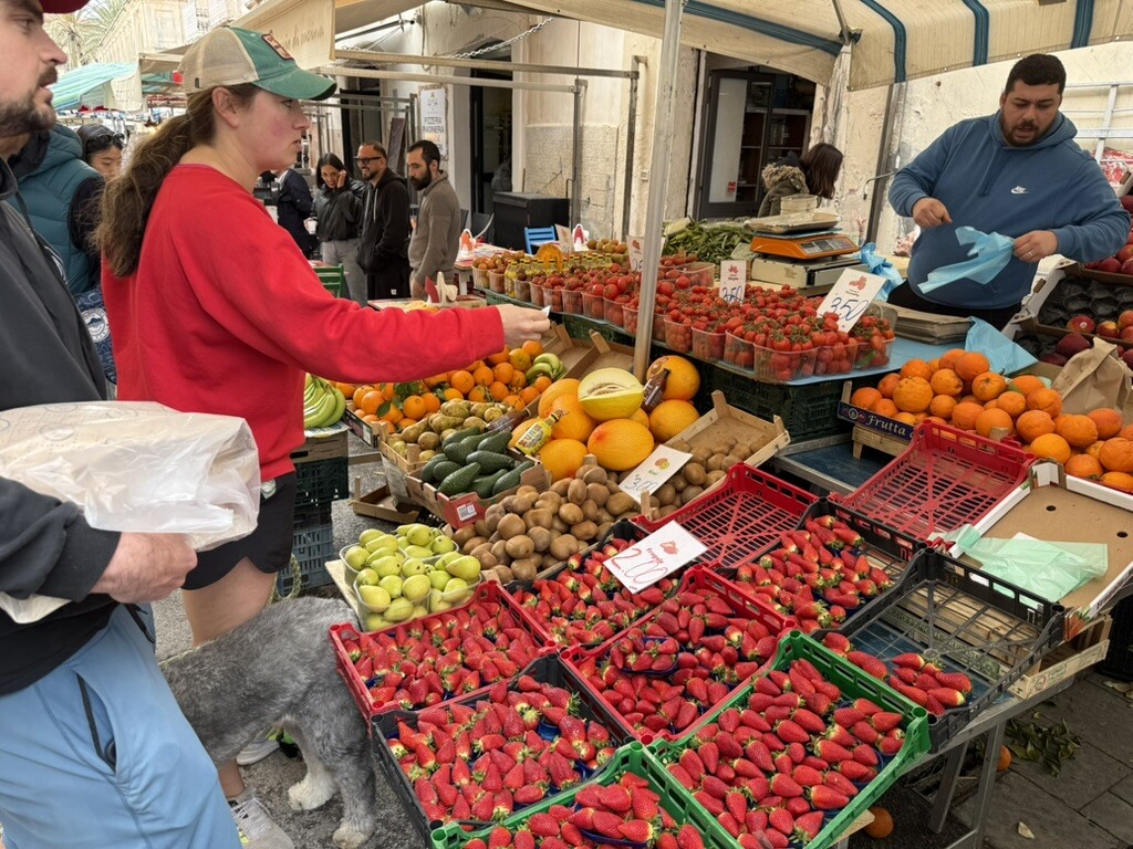 Molly shopping for strawberries, citrus, and fresh produce at a Sicilian market stall